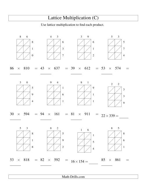 The Lattice Multiplication -- Two-digit by Three-digit (C) Math Worksheet