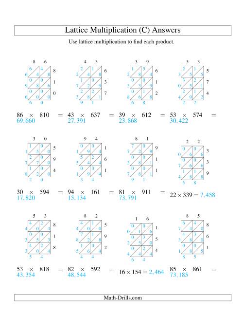The Lattice Multiplication -- Two-digit by Three-digit (C) Math Worksheet Page 2