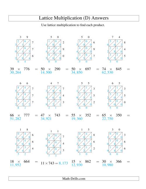 The Lattice Multiplication -- Two-digit by Three-digit (D) Math Worksheet Page 2