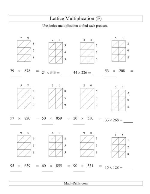 The Lattice Multiplication -- Two-digit by Three-digit (F) Math Worksheet