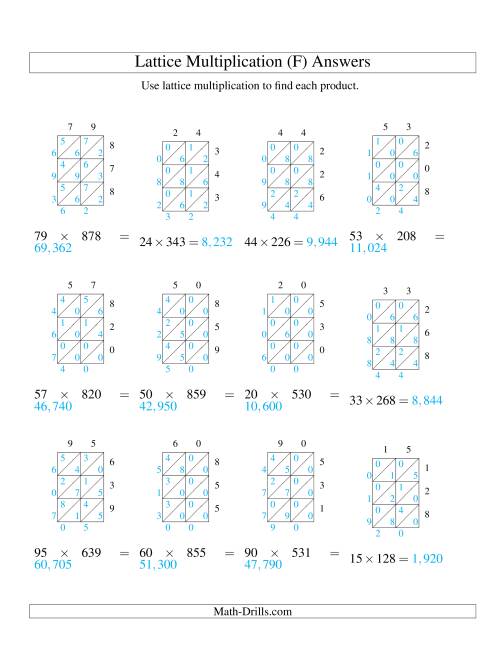 The Lattice Multiplication -- Two-digit by Three-digit (F) Math Worksheet Page 2
