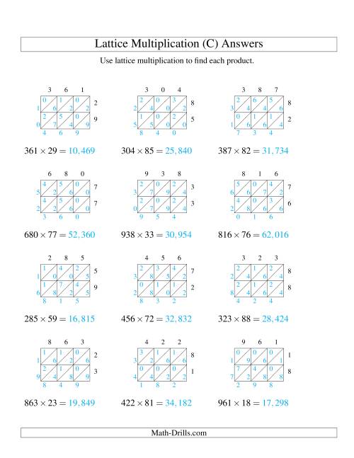 The Lattice Multiplication -- Three-digit by Two-digit (C) Math Worksheet Page 2