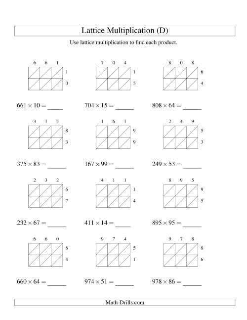 The Lattice Multiplication -- Three-digit by Two-digit (D) Math Worksheet