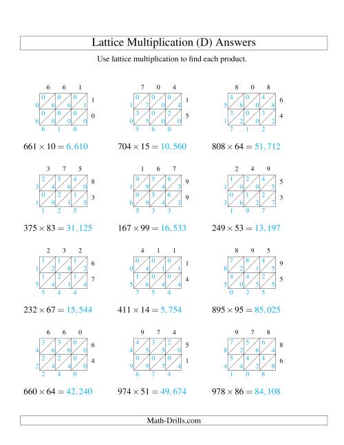 The Lattice Multiplication -- Three-digit by Two-digit (D) Math Worksheet Page 2