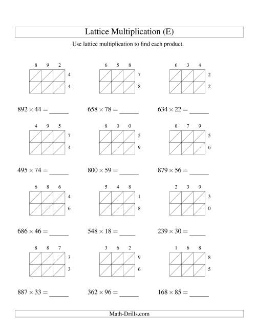 The Lattice Multiplication -- Three-digit by Two-digit (E) Math Worksheet