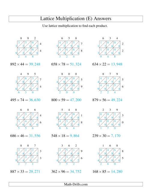 The Lattice Multiplication -- Three-digit by Two-digit (E) Math Worksheet Page 2