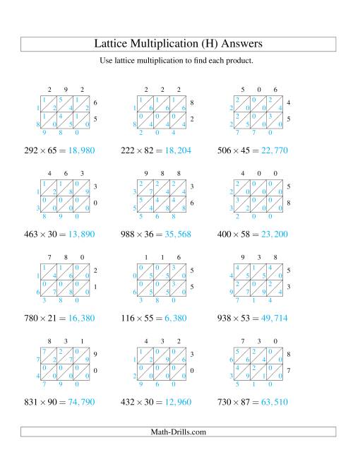The Lattice Multiplication -- Three-digit by Two-digit (H) Math Worksheet Page 2