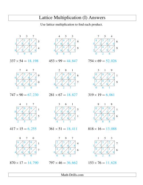 The Lattice Multiplication -- Three-digit by Two-digit (I) Math Worksheet Page 2
