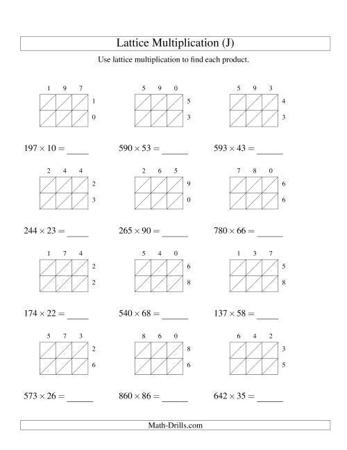 The Lattice Multiplication -- Three-digit by Two-digit (J) Math Worksheet