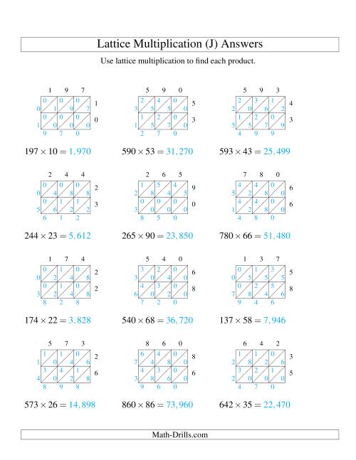 The Lattice Multiplication -- Three-digit by Two-digit (J) Math Worksheet Page 2