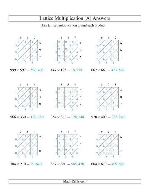 The Lattice Multiplication -- Three-digit by Three-digit (A) Math Worksheet Page 2