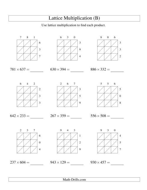 The Lattice Multiplication -- Three-digit by Three-digit (B) Math Worksheet