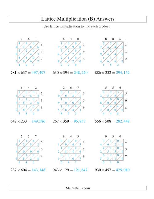 The Lattice Multiplication -- Three-digit by Three-digit (B) Math Worksheet Page 2