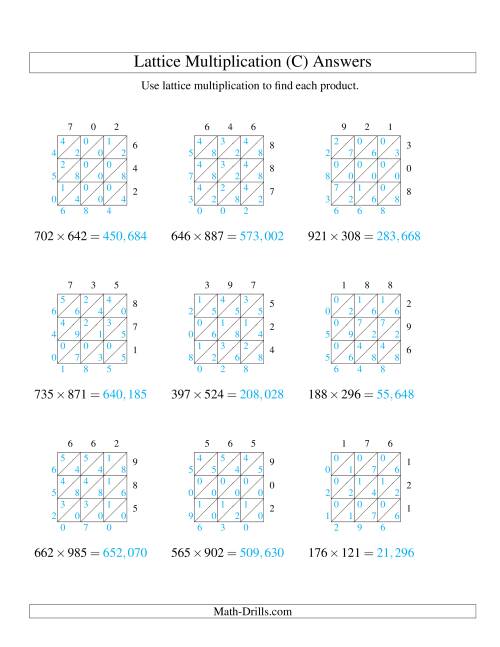 The Lattice Multiplication -- Three-digit by Three-digit (C) Math Worksheet Page 2