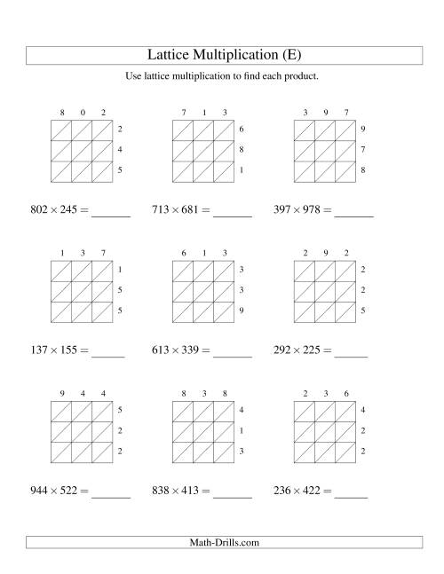 The Lattice Multiplication -- Three-digit by Three-digit (E) Math Worksheet
