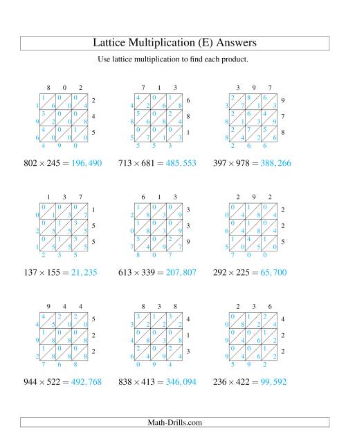 The Lattice Multiplication -- Three-digit by Three-digit (E) Math Worksheet Page 2