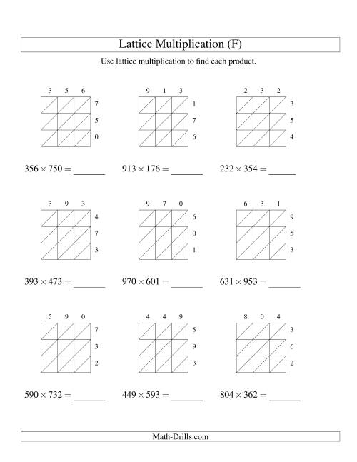 The Lattice Multiplication -- Three-digit by Three-digit (F) Math Worksheet