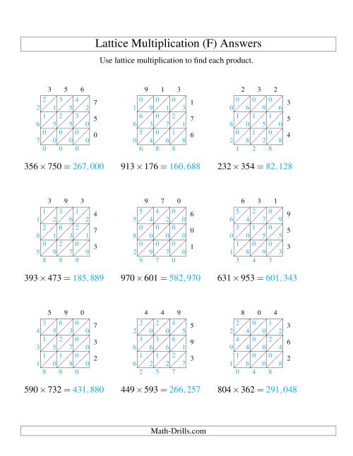 The Lattice Multiplication -- Three-digit by Three-digit (F) Math Worksheet Page 2