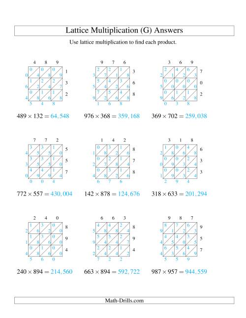 The Lattice Multiplication -- Three-digit by Three-digit (G) Math Worksheet Page 2