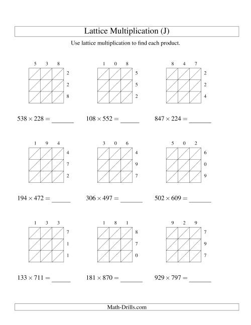 The Lattice Multiplication -- Three-digit by Three-digit (J) Math Worksheet