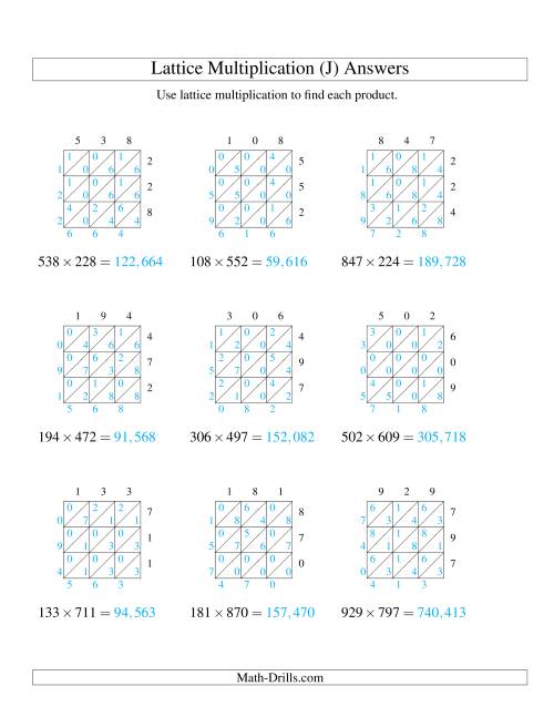The Lattice Multiplication -- Three-digit by Three-digit (J) Math Worksheet Page 2
