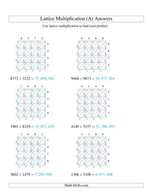 The Lattice Multiplication -- Four-digit by Four-digit (A) Math Worksheet Page 2