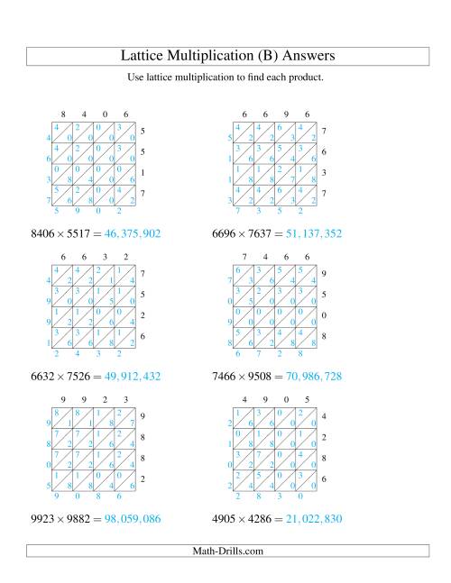 The Lattice Multiplication -- Four-digit by Four-digit (B) Math Worksheet Page 2