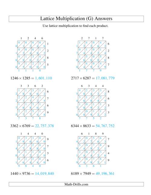 The Lattice Multiplication -- Four-digit by Four-digit (G) Math Worksheet Page 2