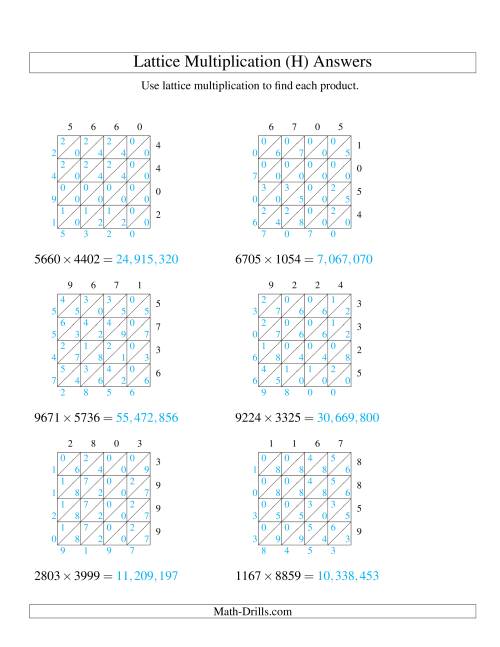 The Lattice Multiplication -- Four-digit by Four-digit (H) Math Worksheet Page 2