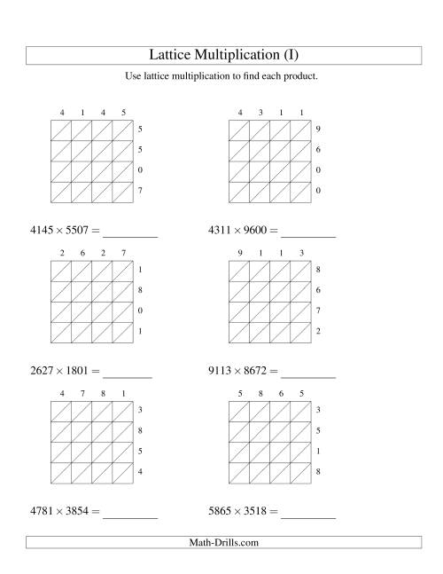 The Lattice Multiplication -- Four-digit by Four-digit (I) Math Worksheet