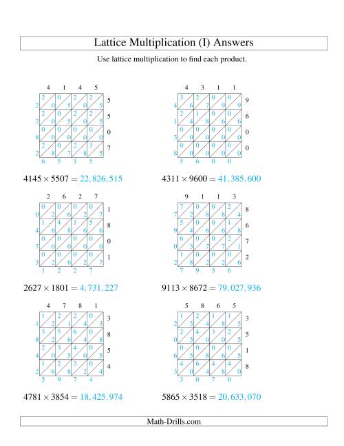 The Lattice Multiplication -- Four-digit by Four-digit (I) Math Worksheet Page 2