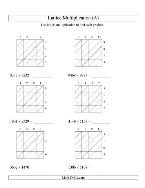 The Lattice Multiplication -- Four-digit by Four-digit (All) Math Worksheet