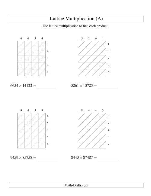 The Lattice Multiplication -- Four-digit by Five-digit (A) Math Worksheet