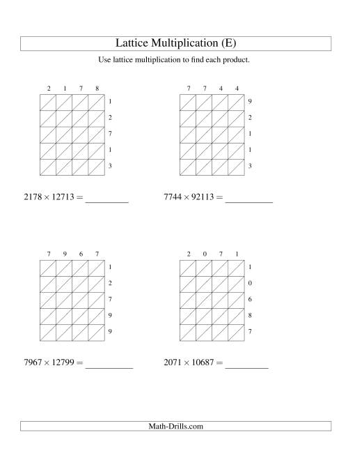 The Lattice Multiplication -- Four-digit by Five-digit (E) Math Worksheet