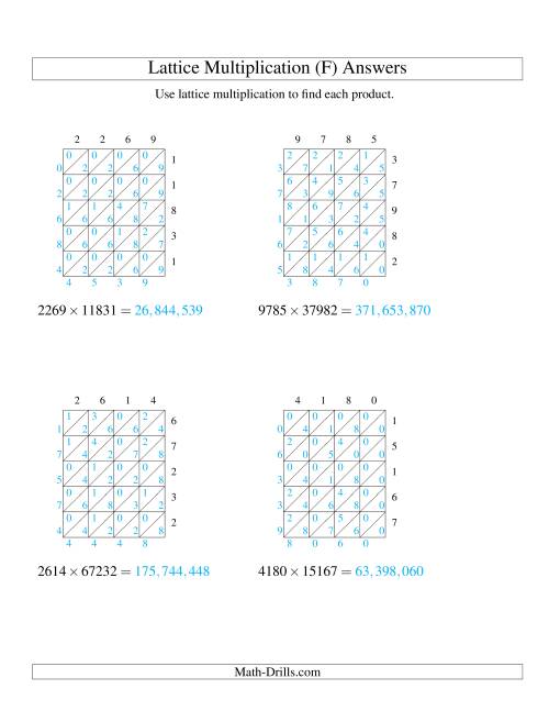 The Lattice Multiplication -- Four-digit by Five-digit (F) Math Worksheet Page 2