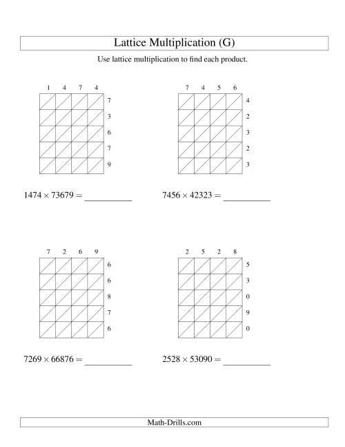 The Lattice Multiplication -- Four-digit by Five-digit (G) Math Worksheet