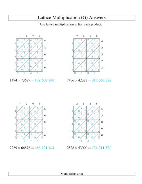 The Lattice Multiplication -- Four-digit by Five-digit (G) Math Worksheet Page 2