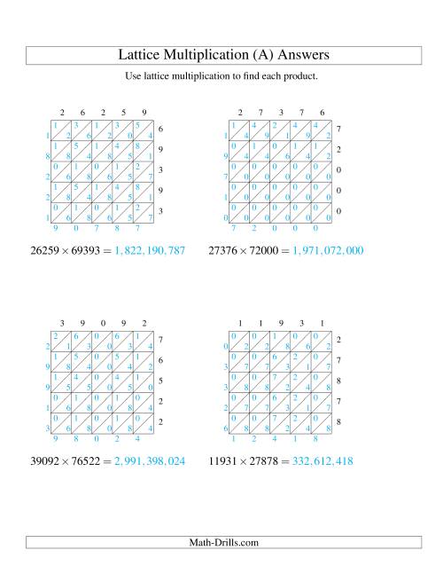 The Lattice Multiplication -- Five-digit by Five-digit (A) Math Worksheet Page 2