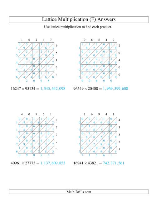 The Lattice Multiplication -- Five-digit by Five-digit (F) Math Worksheet Page 2