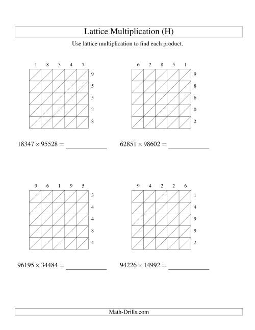 The Lattice Multiplication -- Five-digit by Five-digit (H) Math Worksheet