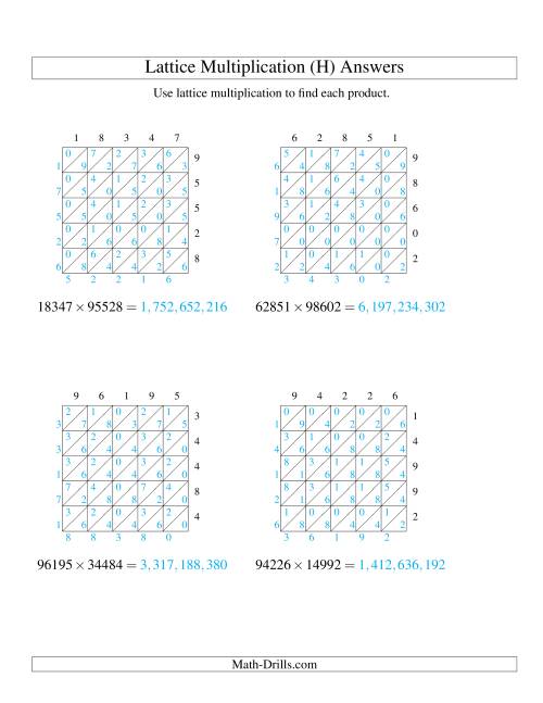 The Lattice Multiplication -- Five-digit by Five-digit (H) Math Worksheet Page 2
