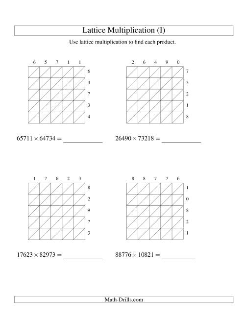 The Lattice Multiplication -- Five-digit by Five-digit (I) Math Worksheet
