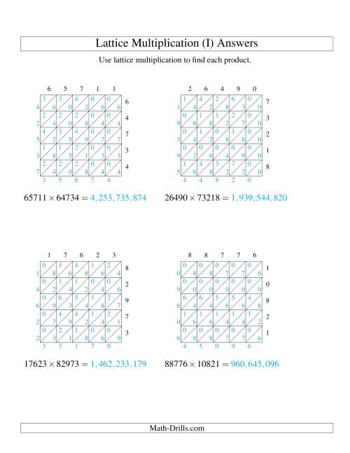 The Lattice Multiplication -- Five-digit by Five-digit (I) Math Worksheet Page 2