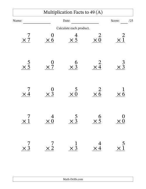 The Multiplication Facts to 49 (25 Questions) (With Zeros) (A) Math Worksheet