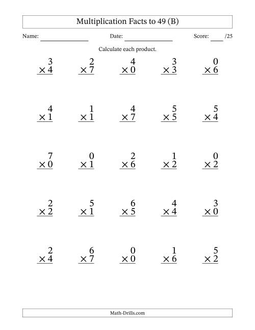 The Multiplication Facts to 49 (25 Questions) (With Zeros) (B) Math Worksheet