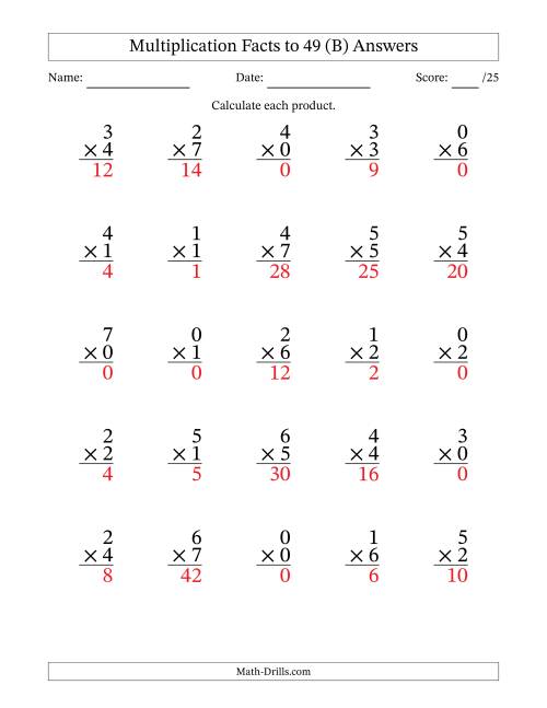 The Multiplication Facts to 49 (25 Questions) (With Zeros) (B) Math Worksheet Page 2