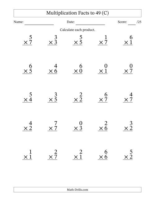 The Multiplication Facts to 49 (25 Questions) (With Zeros) (C) Math Worksheet