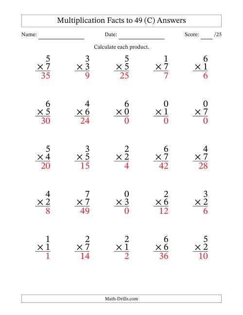 The Multiplication Facts to 49 (25 Questions) (With Zeros) (C) Math Worksheet Page 2