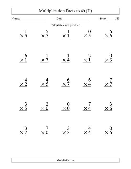 The Multiplication Facts to 49 (25 Questions) (With Zeros) (D) Math Worksheet