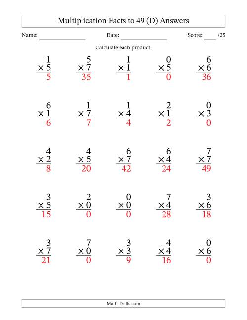 The Multiplication Facts to 49 (25 Questions) (With Zeros) (D) Math Worksheet Page 2